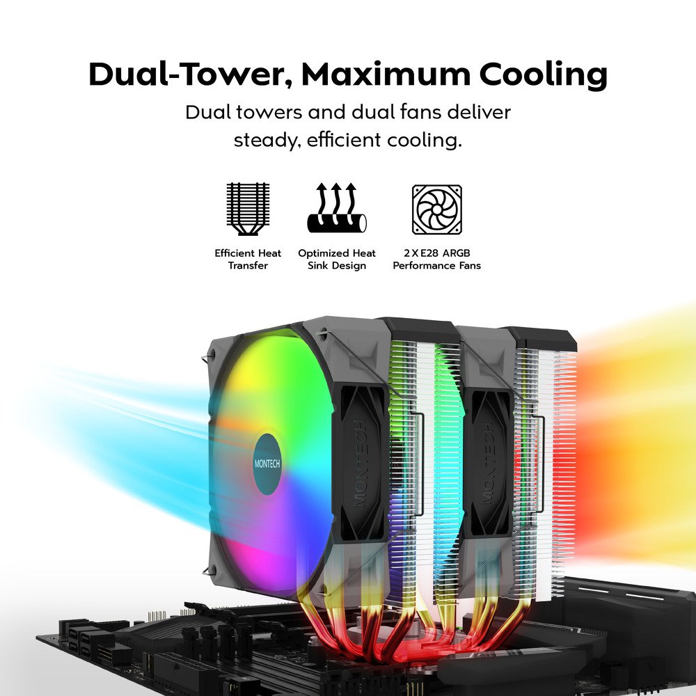 MONTECH NX600 ARGB Dual-Tower CPU Air Cooler with 6 Heatpipes & Premium Top Cover | 28 mm E28 ARGB Premium Fan 2000RPM PWM | Soldered Copper Base | Superior Heat Dissipation | All Intel & AMD Socket Support | Black | SKU FAN-NX6AB3