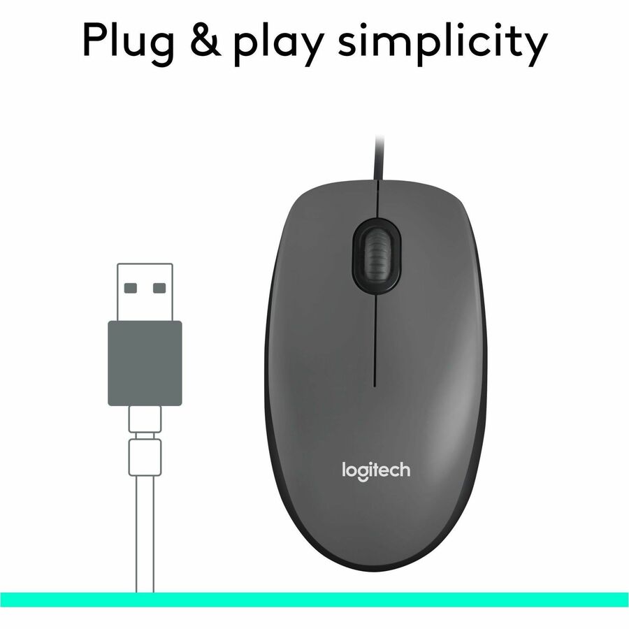 Logitech M100 Wired USB Mouse, 3-Buttons,1000 DPI Optical Tracking, Ambidextrous, Compatible with PC, Mac, Laptop (Gray) | SKU MOS-M100