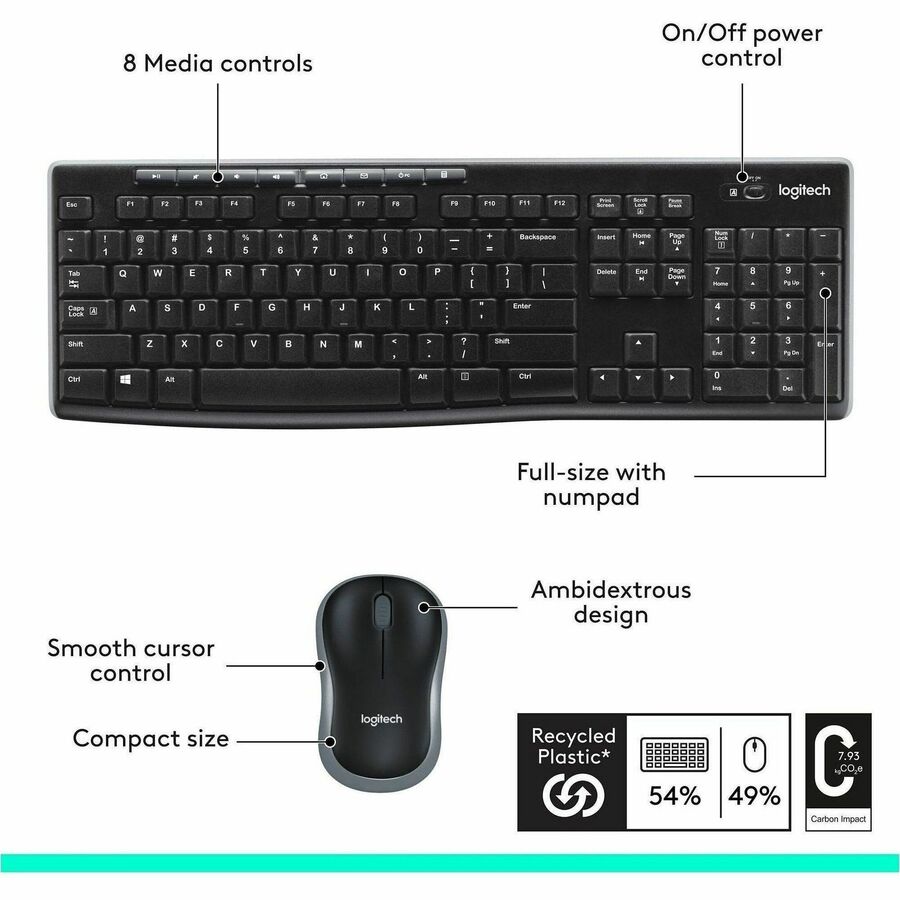 Logitech MK270 Wireless Keyboard and Mouse Combo for Windows, 2.4 GHz Wireless, Compact Mouse, Black | SKU KB-MK270