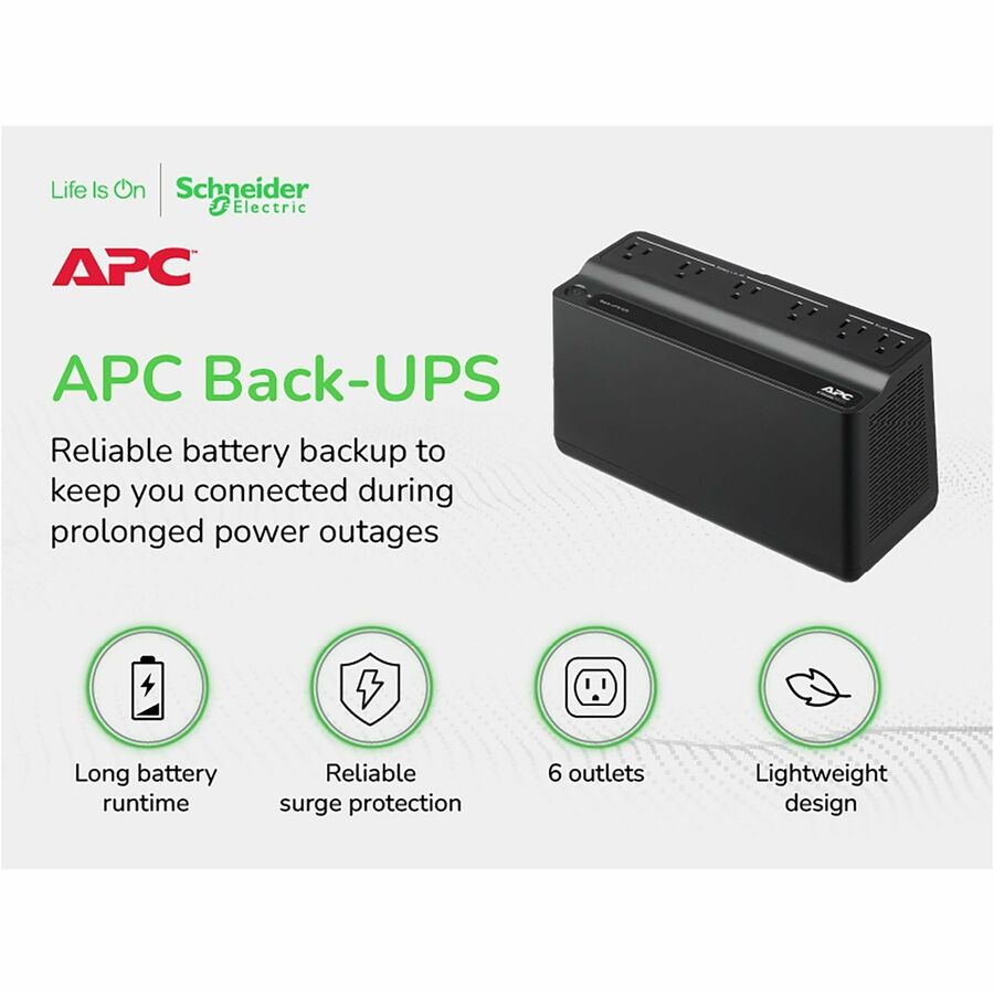 APC Back-UPS 425VA, 120V, 6 NEMA outlets (2 surge), Battery not user replaceable | SKU UPS-BE425M