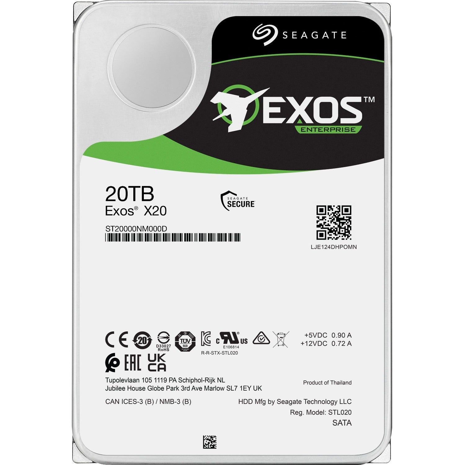 Seagate Exos X20 ST20000NM000D 20 TB Hard Drive - Internal - SATA (SATA/600) - Conventional Magnetic Recording (CMR) Method | SKU HD-ST20T0D