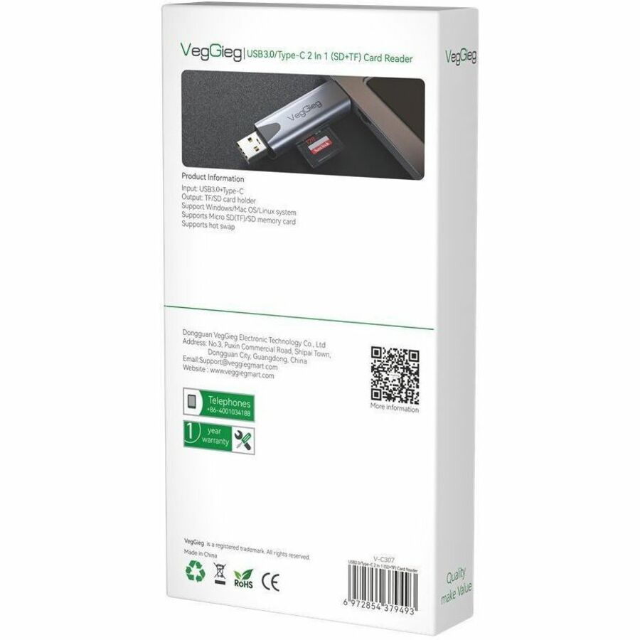 VegGieg V-C307 SD Card Reader, Dual Connector USB 3.0/USB C Memory Reader Adapter - Supports TF, Micro SD, Compatible with MacBook Pro, Air, iPad Galaxy S21 etc. | SKU VG-VK33