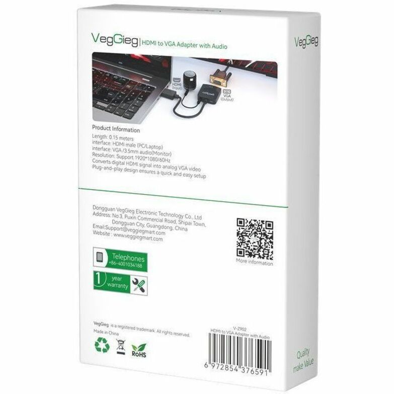 VegGieg V-Z902 HDMI to VGA, Gold-Plated HDMI to VGA Adapter (Male to Female) for Computer, Desktop, Laptop, PC, Monitor, Projector, HDTV, Chromebook, Raspberry Pi, Roku, Xbox and More - Black | SKU VG-VZ62