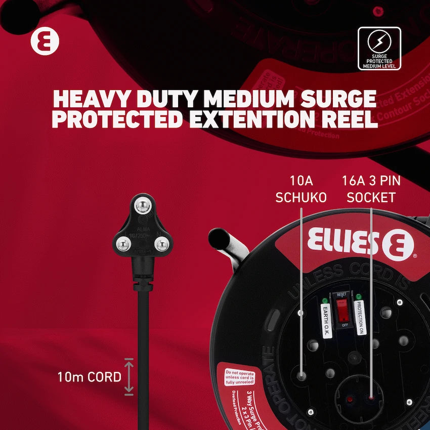 Ellies Heavy Duty Medium Surge Protected Extension Reel 10m - Black