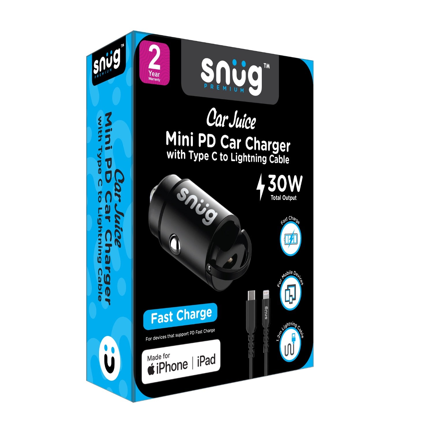 Snug Mini PD Port Car Charger With Lightning Cable - 30W