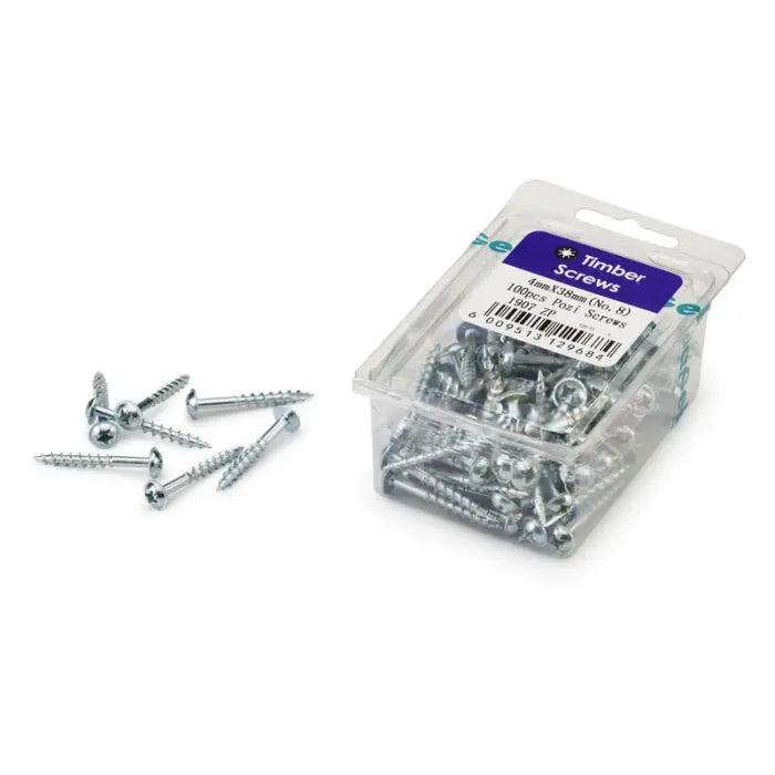 Timber Screws, Pozi, No.8, 4mm x 38mm, 100 Pieces