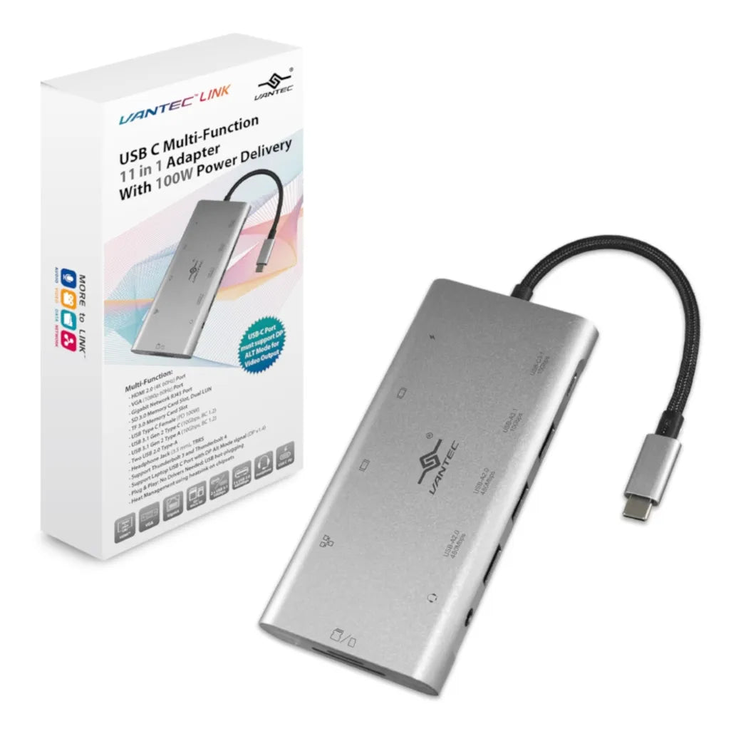 Vantec USB C Adaptor/1xHDMI/VGA/RJ45/SD Card/Micro SD/USB-C/USB-A/Audio Jack(3.5mm)/USB-C 100W/ 2xUSB-A