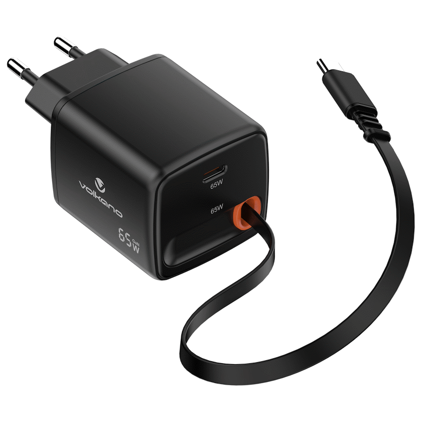 Volkano Volkano Sleek Series Fast Wall Charger 65W USB-C with Built-in Retractable 75cm Cable - Black