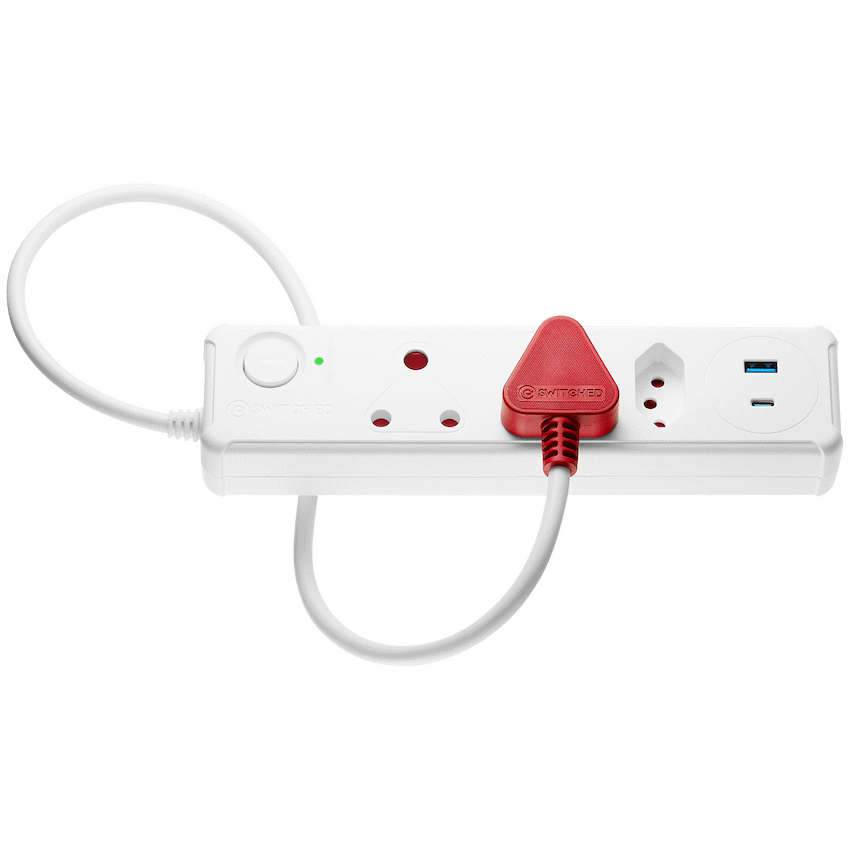 Switched 3-Way Medium Surge-Protected Multiplug with 1x Type-C + 3.4a USB Ports - 0.5m - White
