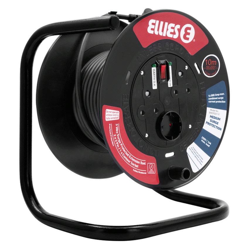 Ellies Heavy Duty Medium Surge Protected Extension Reel 10m - Black