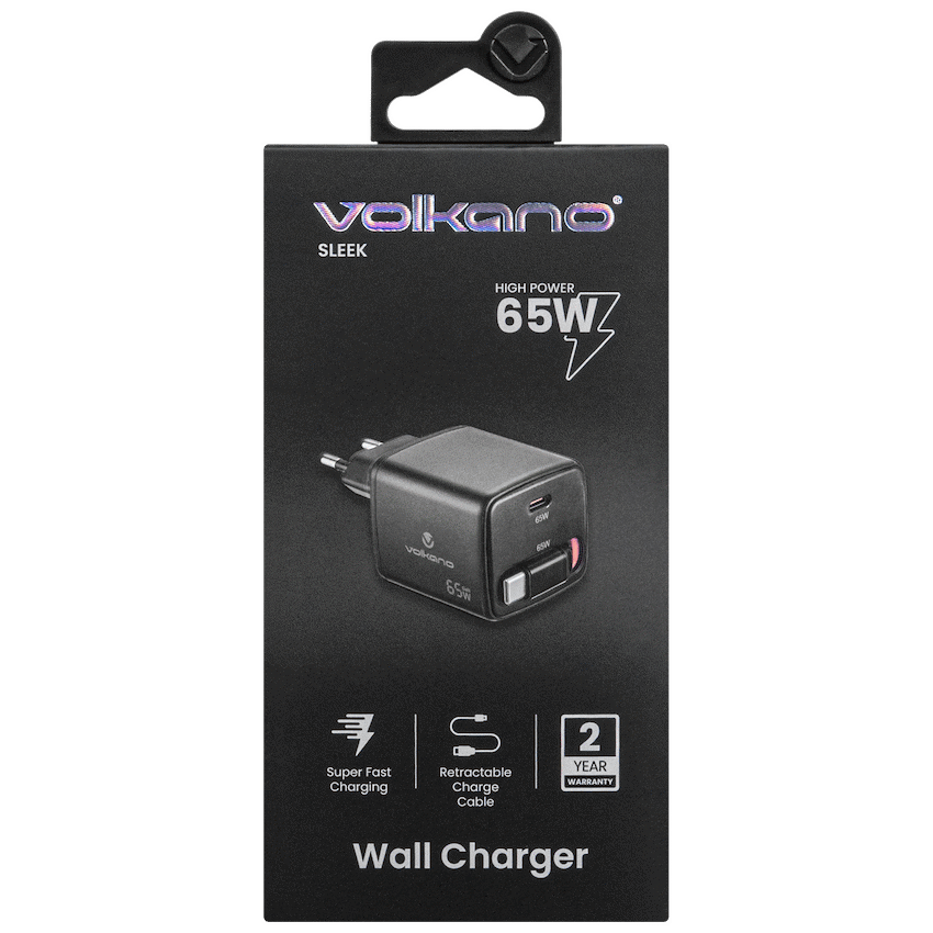 Volkano Volkano Sleek Series Fast Wall Charger 65W USB-C with Built-in Retractable 75cm Cable - Black