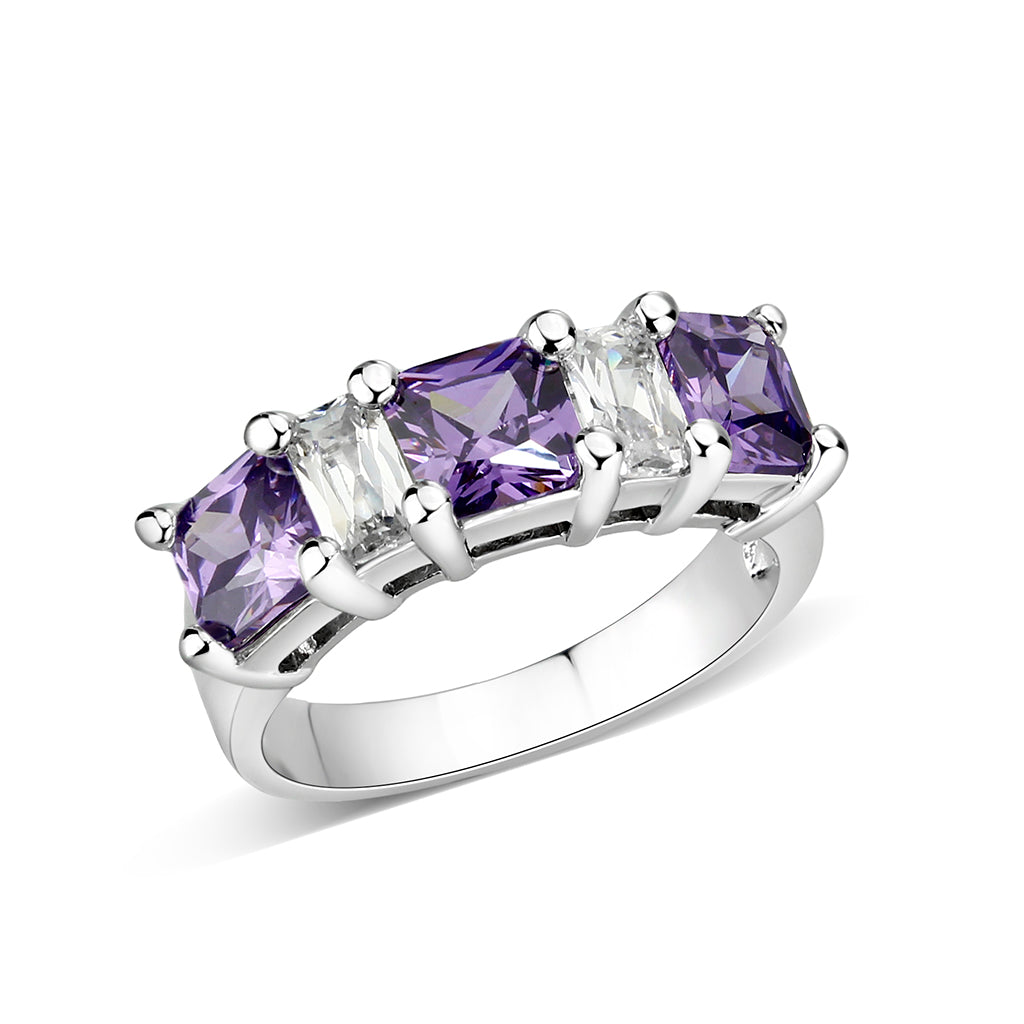 LO5S083- Sterling Silver Ring with CZ In Amethyst High Polished( NO Plating)