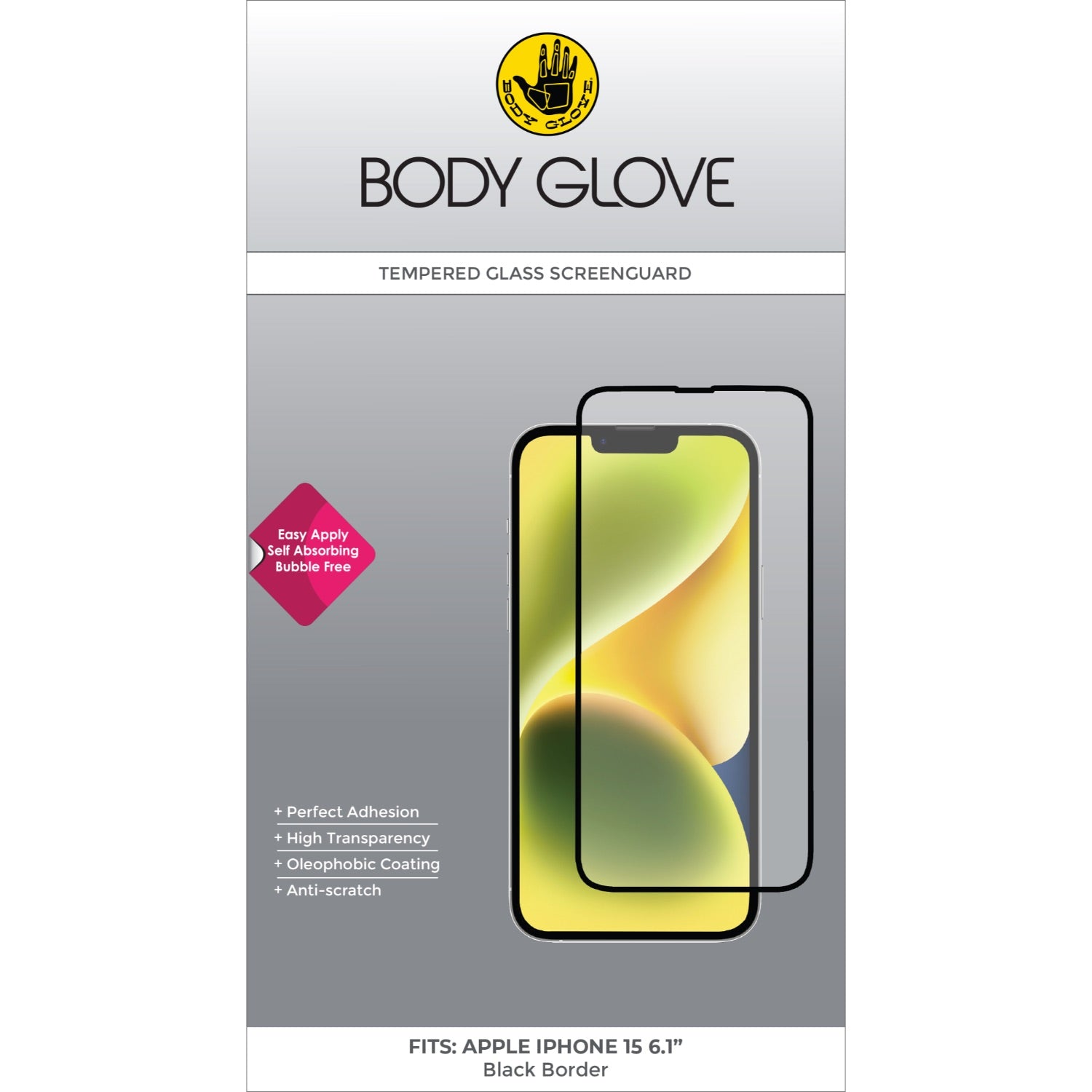 Body Glove Tempered Glass Screen Protector - Apple iPhone 16 / iPhone 15 - Black Border