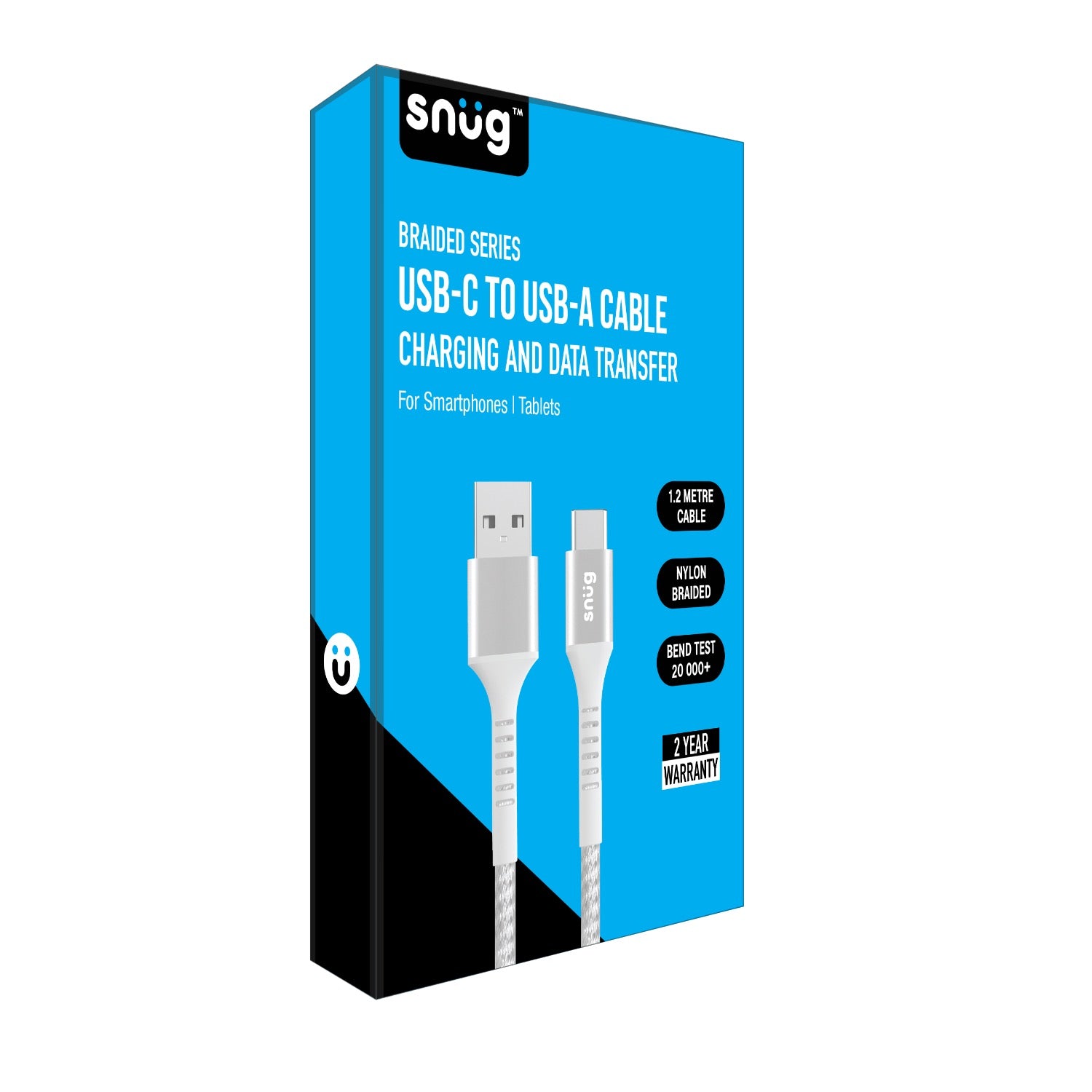 Snug USB To Type-C Nylon Braided Cable 10W - 1.2 Metre - White/Silver