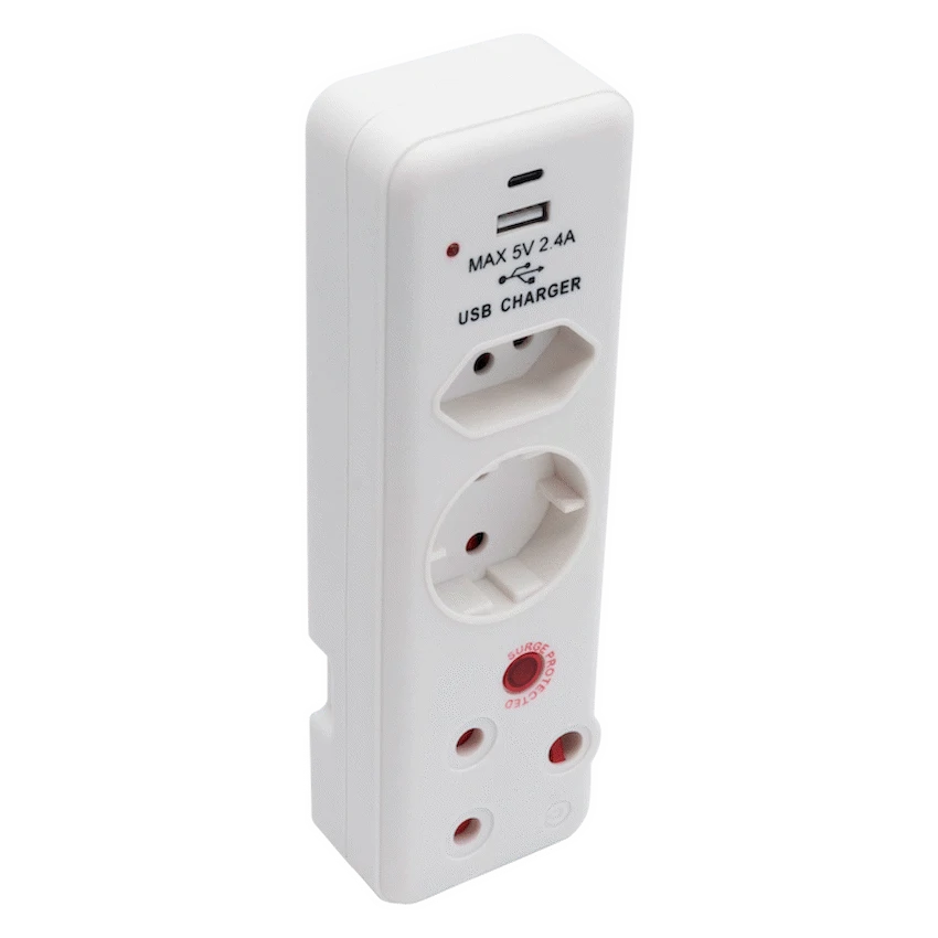 Switched 3-Way Medium Surge Adaptor - Schuko with Type-C + USB