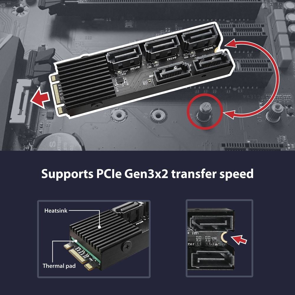 Vantec UGT-M2670 M.2 PCIe Gen3x2 B+M Key To 5 Ports SATA III Expansion Card | SKU CA-M2670