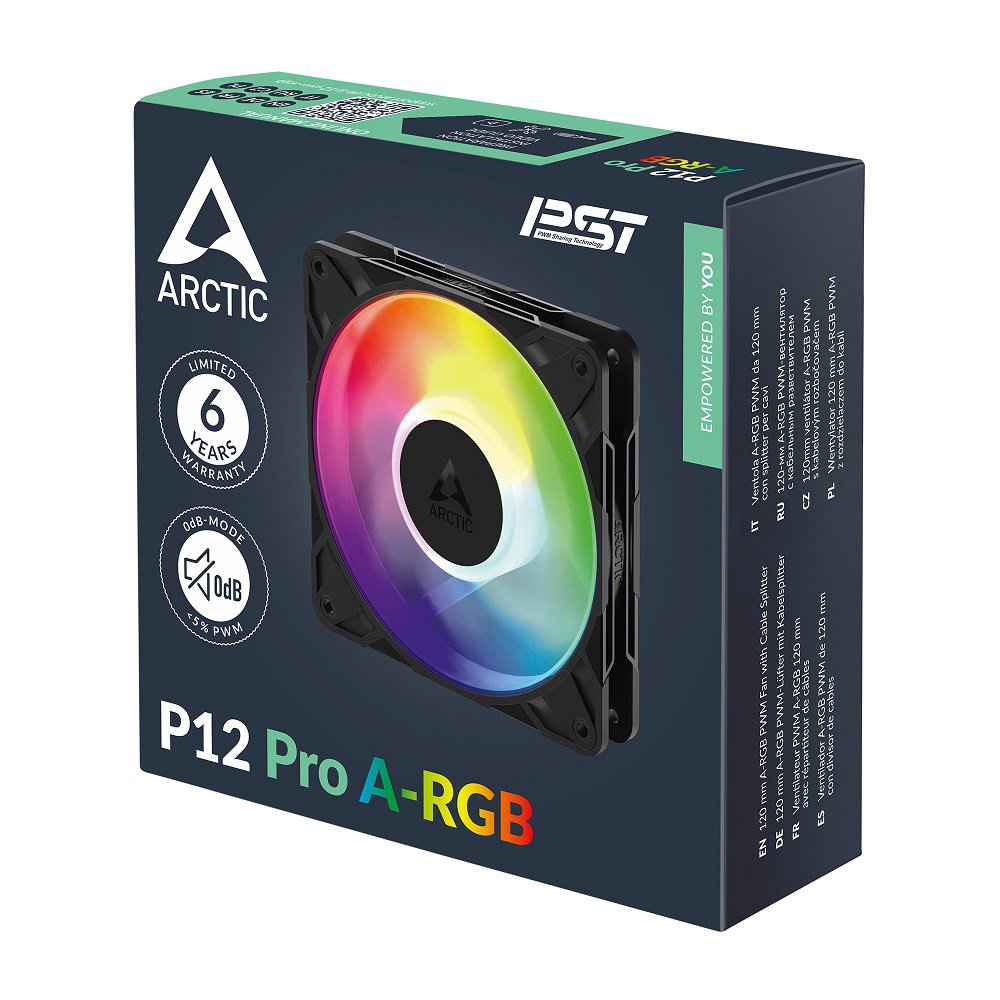 ARCTIC P12 Pro A-RGB ACFAN00309A Powerful Premium Fan, 120 mm PWM Fan with Y-Cable Splitter, 600-3000 RPM, 0 RPM <5% PWM, 5V Digital RGB, Fluid Dynamic Bearing, 4-Pin - Black | SKU CA-P12PROA