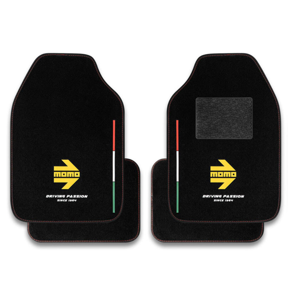 Momo Racing 4piece Floor Mats – Black with Italian Stripe & Yellow Arrow Design