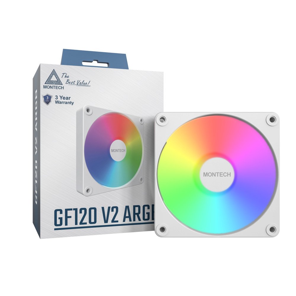 GUNMANSA MONTECH GF120 V2 ARGB GF120V2W 120mm Case Fan - Sleek & Minimalist Design, High Airflow, Hydraulic Bearing, Quiet Performance, Vibrant ARGB Lighting, White