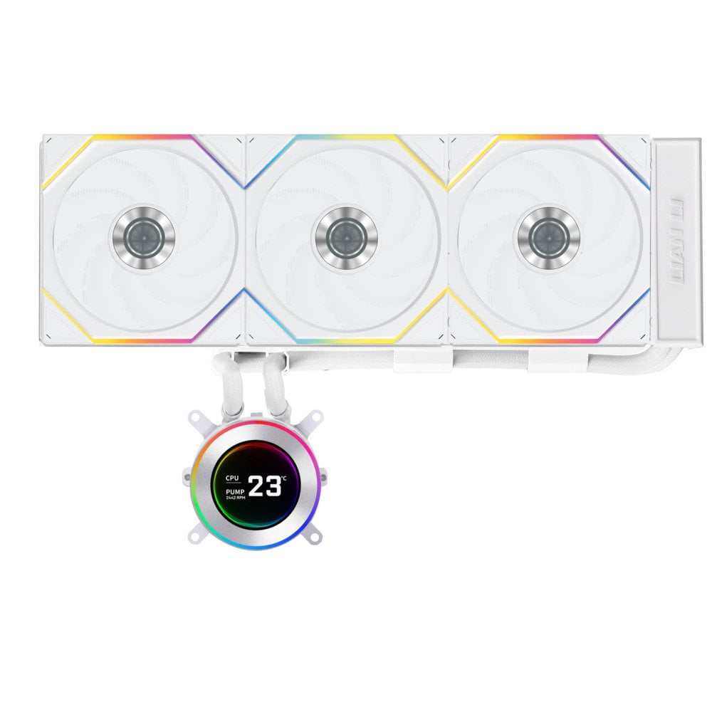GUNMANSA Lian Li Hydroshift II 360 TL RGB Liquid CPU Cooler - 360mm AIO - 3X 120 RGB Fans - 2.1" IPS LCD Screen - 3 Control Mode - Flexible Tubes Clamp - LGA 1851/1700, AMD AM5/AM4 - White (HS2LCD36TW)