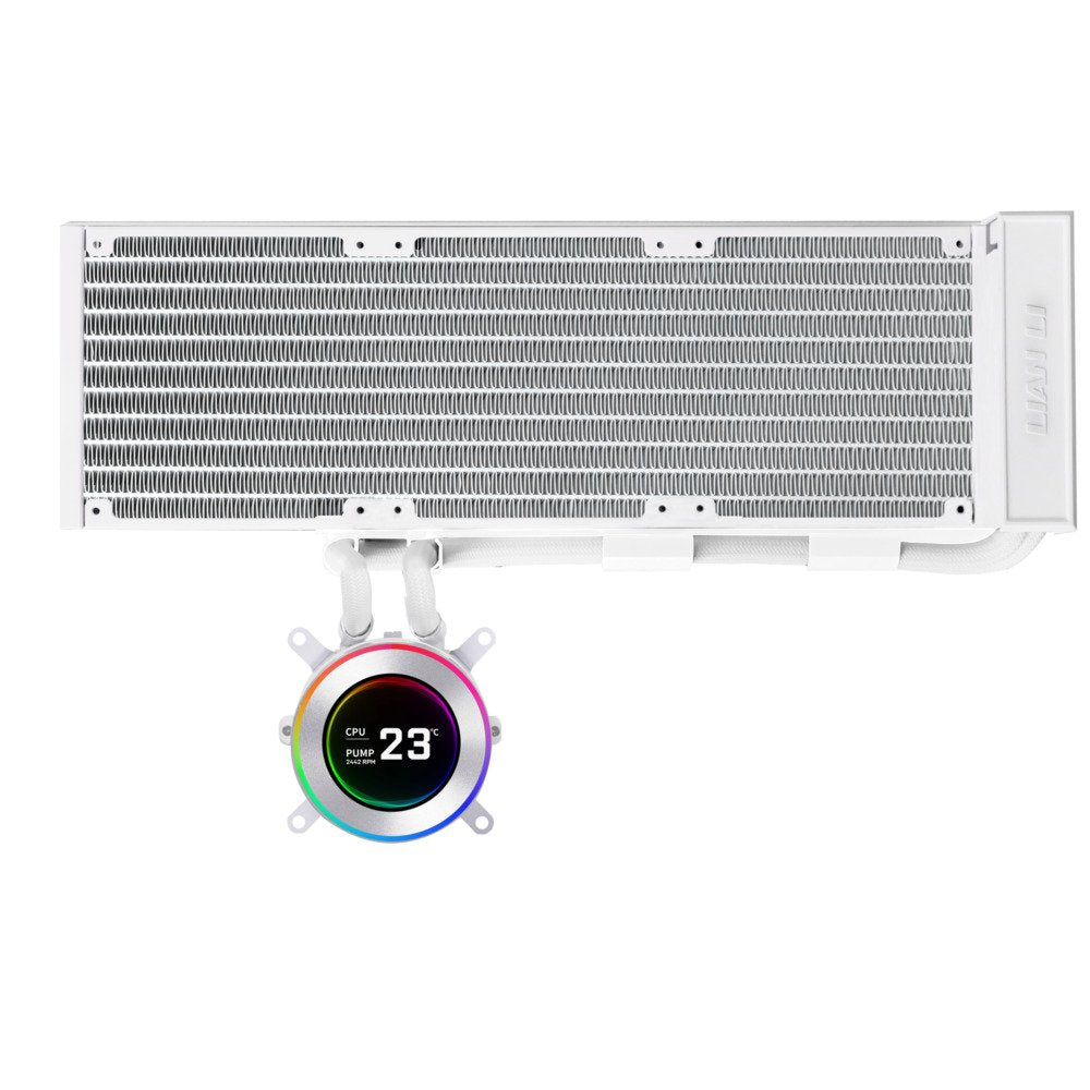 Lian Li Hydroshift II 360 Liquid CPU Cooler - Flexible Slide-Tube Clamp Coolant Pathway - 2.1" IPS LCD Screen - 3 Control Mode - Fits Most PC Fans - LGA 1851/1700, AMD AM5/AM4 - White (HS2LCD36W) | SKU FAN-H23W6