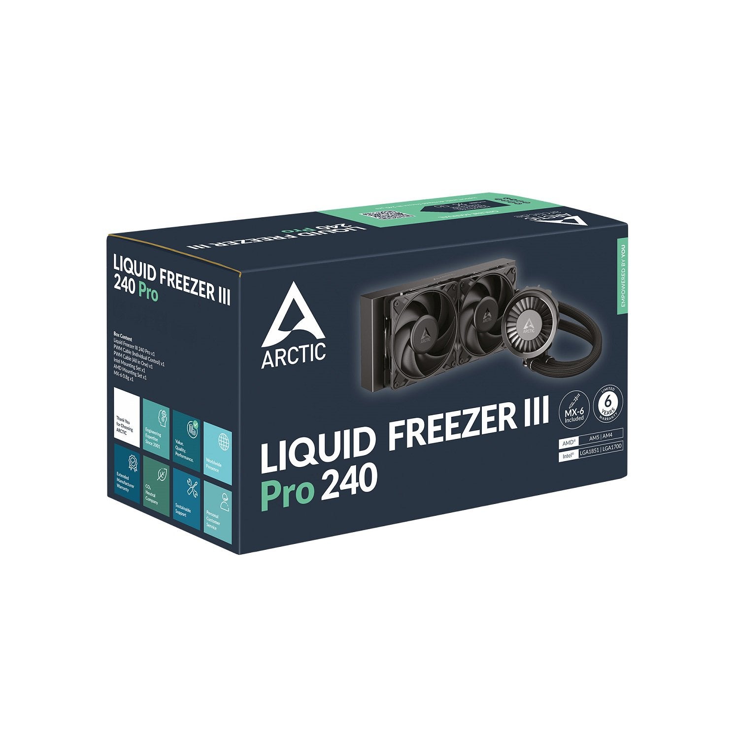 ARCTIC Liquid Freezer III Pro 240-240 mm ACFRE00178A AIO CPU Cooler, Water Cooling, 38 mm Radiator, PWM Pump, VRM Fan, AMD AM5/AM4, Intel LGA1851/1700 Contact Frame - Black | SKU FAN-LFP24B