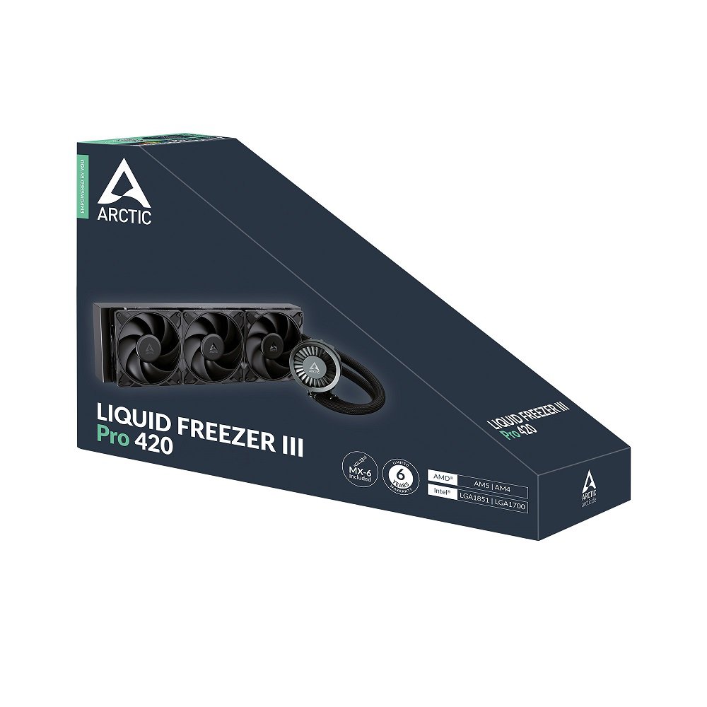 ARCTIC Liquid Freezer III Pro 420 ACFRE00181A AIO CPU Cooler, 3 x 140 mm Water Cooling, 38 mm Radiator, PWM Pump, VRM Fan, AMD AM5/AM4, Intel LGA1851/1770 Contact Frame - Black | SKU FAN-LFP42B