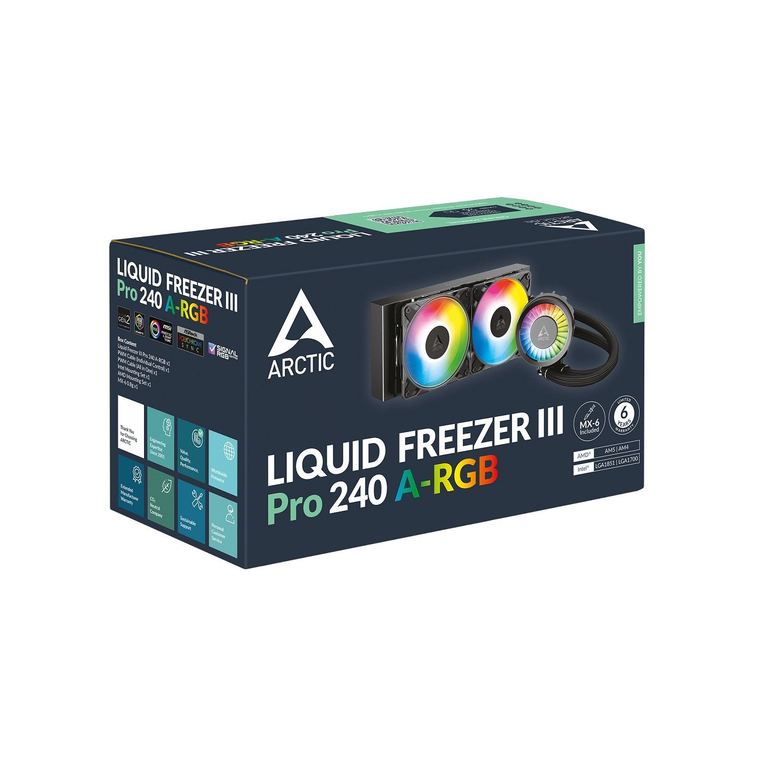 ARCTIC Liquid Freezer III Pro 240 A-RGB ACFRE00182A 240 mm AIO CPU Cooler, Water Cooling, 38 mm Radiator, PWM Pump, VRM Fan, AMD AM5/AM4, Intel LGA1851/1700 Contact Frame - Black | SKU FAN-LP24AB