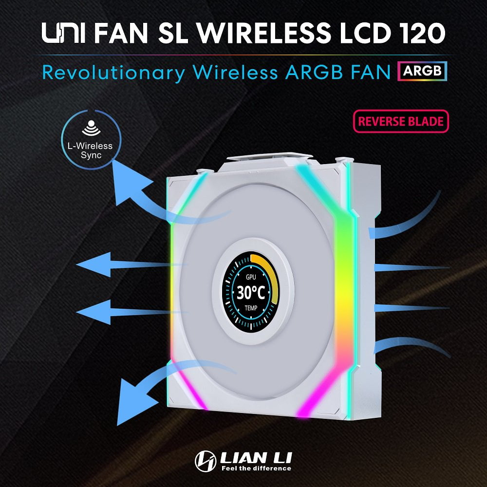 GUNMANSA Lian Li UNI Fan SL-LCD Wireless 120 (Reverse Blade) ARGB Fan, 1.6 inch LCD Display, WITHOUT Wireless Connector, Daisy-Chain Design, Customizable Lighting Effects, 400x400 Res.-White (12RSLLCD1W1W)