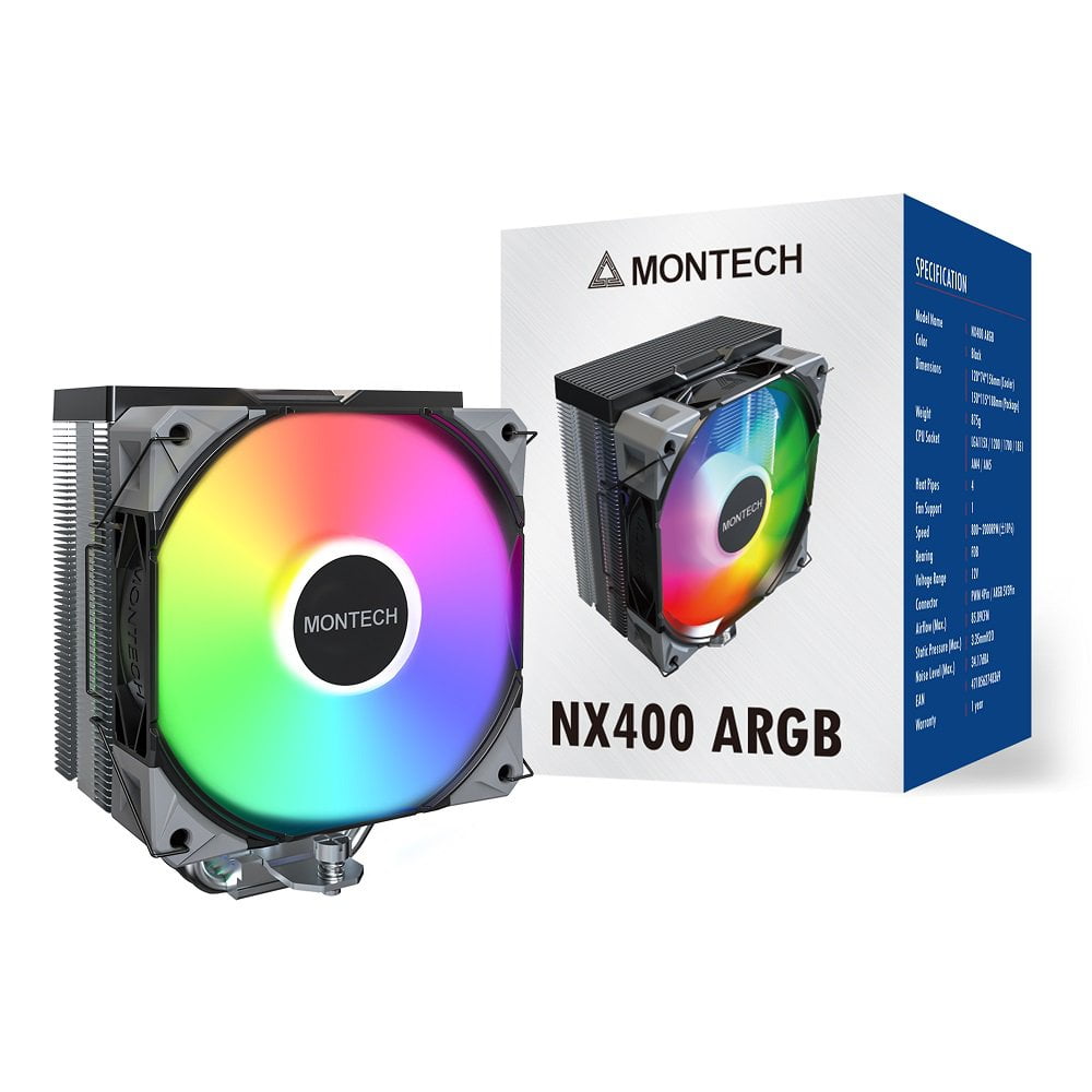 GUNMANSA MONTECH NX400 ARGB - CPU Air Cooler, Single Tower, 4 Advanced Heat Pipes, 52-fin Heat Sink, E28, 120mm FDB Static Pressure Fan, 28mm Fan Thickness, Corner-cover Footpads, Polished Top Cover, ARGB Lighting - Black