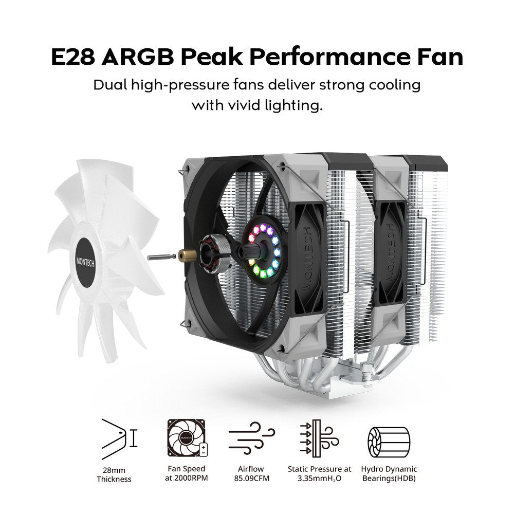 MONTECH NX600 ARGB Dual-Tower CPU Air Cooler with 6 Heatpipes & Premium Top Cover | 28 mm E28 ARGB Premium Fan 2000RPM PWM | Soldered Copper Base | Superior Heat Dissipation | All Intel & AMD Socket Support | Black | SKU FAN-NX6AB3