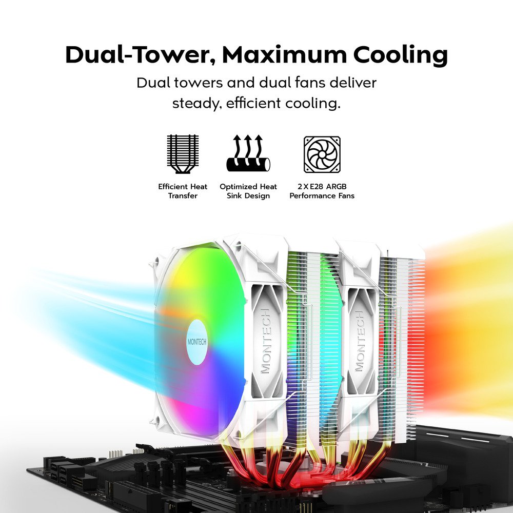 MONTECH NX600 ARGB Dual-Tower CPU Air Cooler with 6 Heatpipes & Premium Top Cover | 28 mm E28 ARGB Premium Fan 2000RPM PWM | Soldered Copper Base | Superior Heat Dissipation | All Intel & AMD Socket Support | White | SKU FAN-NX6AW4