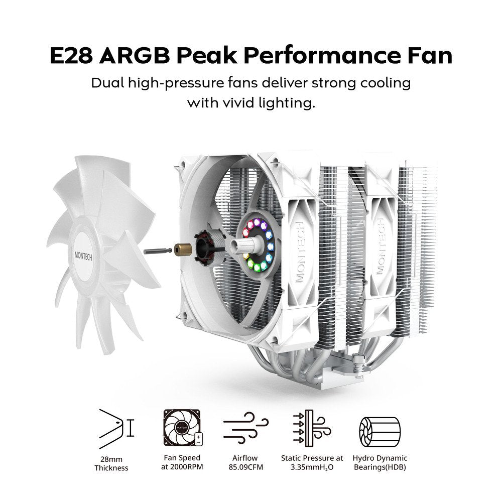 MONTECH NX600 ARGB Dual-Tower CPU Air Cooler with 6 Heatpipes & Premium Top Cover | 28 mm E28 ARGB Premium Fan 2000RPM PWM | Soldered Copper Base | Superior Heat Dissipation | All Intel & AMD Socket Support | White | SKU FAN-NX6AW4