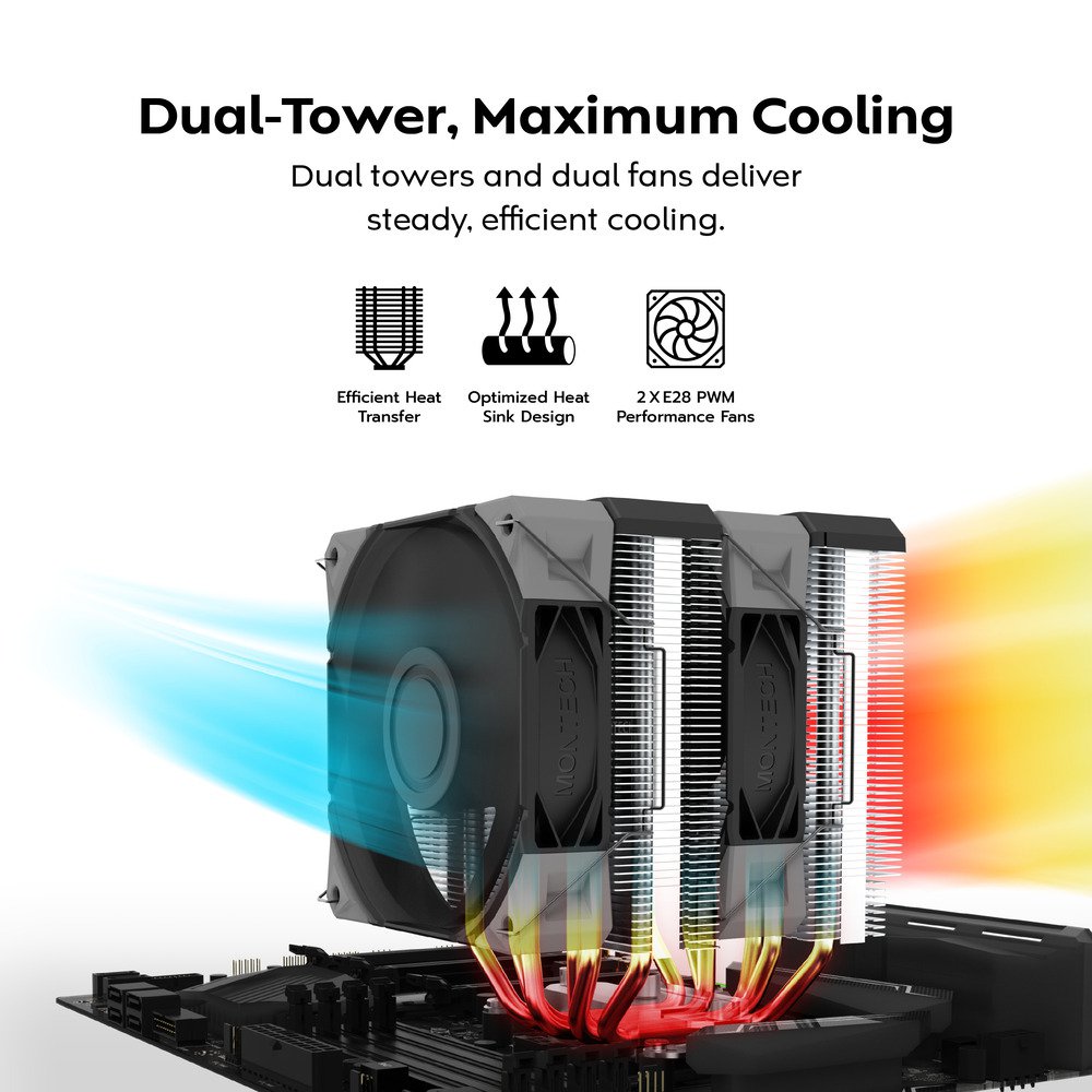 MONTECH NX600 Dual-Tower CPU Air Cooler with 6 Heatpipes & Premium Top Cover | 28 mm E28 Premium Fan 2000RPM PWM | Soldered Copper Base | Superior Heat Dissipation | All Intel & AMD Socket Support | Black | SKU FAN-NX6B1