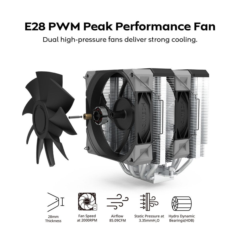 MONTECH NX600 Dual-Tower CPU Air Cooler with 6 Heatpipes & Premium Top Cover | 28 mm E28 Premium Fan 2000RPM PWM | Soldered Copper Base | Superior Heat Dissipation | All Intel & AMD Socket Support | Black | SKU FAN-NX6B1