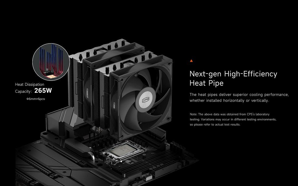 PCCOOLER CPS - RT620 BK CPU Air Cooler, 6 Heat pipes, dual tower dual fans, DIA 6mm*6pcs next-gen heatpipes, TDP 265W, for Intel LGA115X/1200/1700/1851/AMD AM4/AM5 | SKU FAN-RT620B