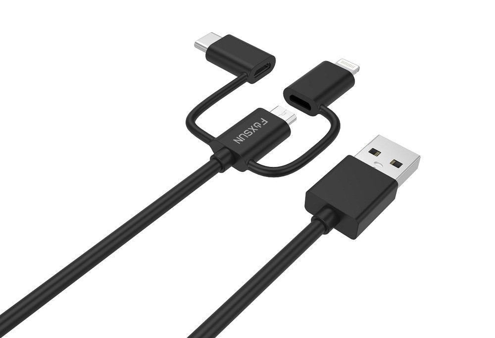 Foxsun AM001032 Multi USB Charging Cable, 6.6 FT/2M 3 in 1 Multiple USB Charger Cable with 8Pin Lightning /USB Type C/Micro USB Connector for iPhone, Samsung, LG, Nexus Smartphones and More, MFI Certified (Black) | SKU FS-MFI3IN2