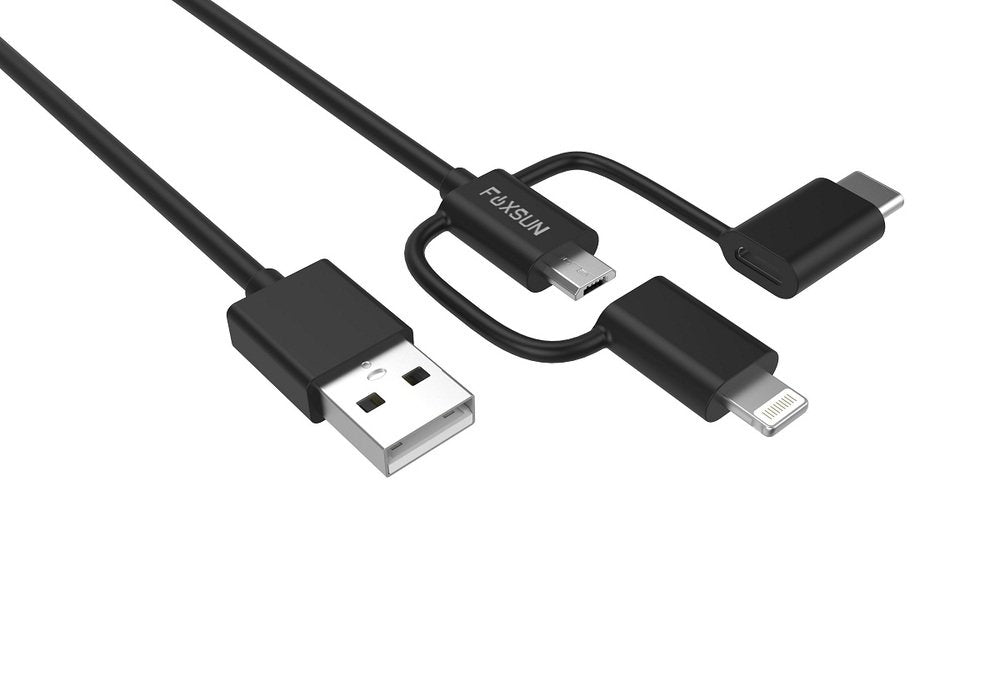 Foxsun AM001032 Multi USB Charging Cable, 6.6 FT/2M 3 in 1 Multiple USB Charger Cable with 8Pin Lightning /USB Type C/Micro USB Connector for iPhone, Samsung, LG, Nexus Smartphones and More, MFI Certified (Black) | SKU FS-MFI3IN2