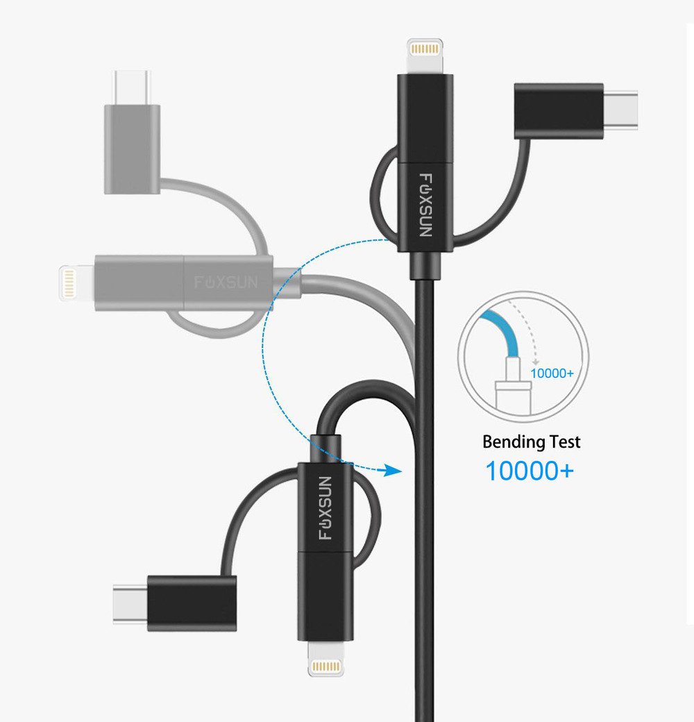 Foxsun AM001032 Multi USB Charging Cable, 6.6 FT/2M 3 in 1 Multiple USB Charger Cable with 8Pin Lightning /USB Type C/Micro USB Connector for iPhone, Samsung, LG, Nexus Smartphones and More, MFI Certified (Black) | SKU FS-MFI3IN2