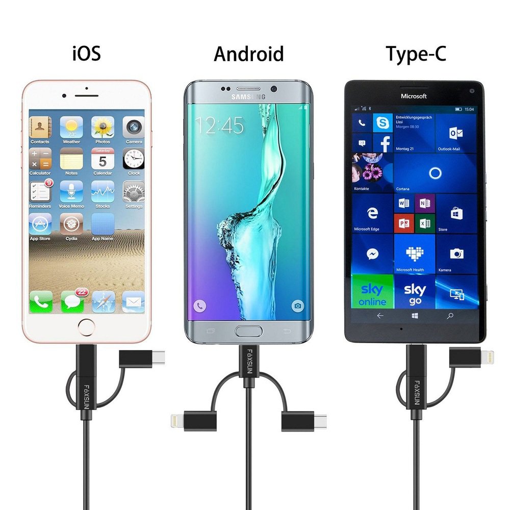 Foxsun AM001032 Multi USB Charging Cable, 6.6 FT/2M 3 in 1 Multiple USB Charger Cable with 8Pin Lightning /USB Type C/Micro USB Connector for iPhone, Samsung, LG, Nexus Smartphones and More, MFI Certified (Black) | SKU FS-MFI3IN2