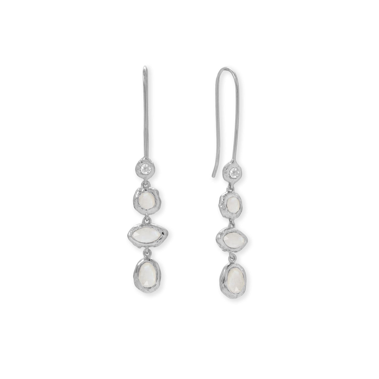 Hammered Rhodium Plated Rainbow Moonstone and CZ Earrings