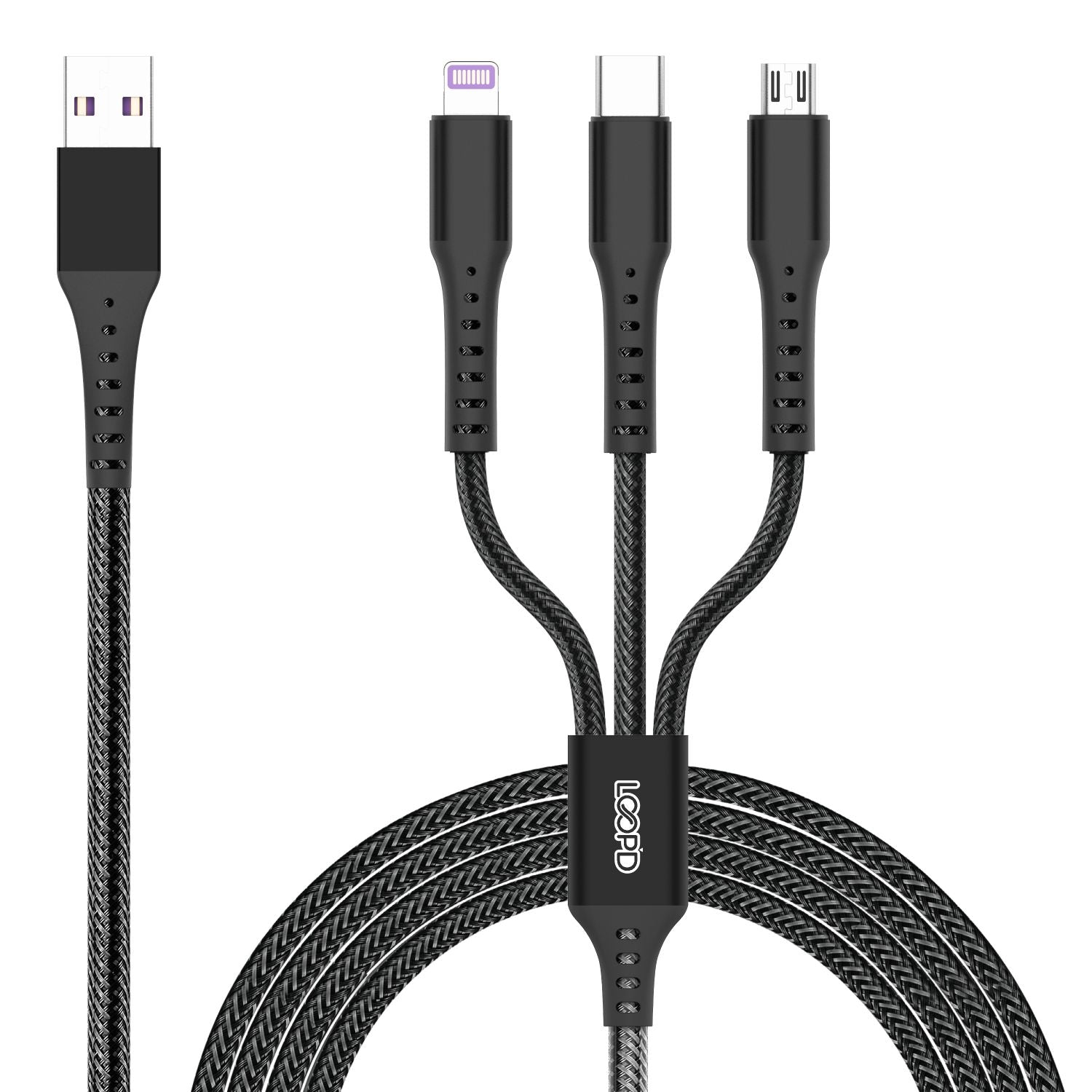 The LOOPD 3 In 1 Multi Cable is suitable for Lightning, Micro-USB and Type C mobile devices.