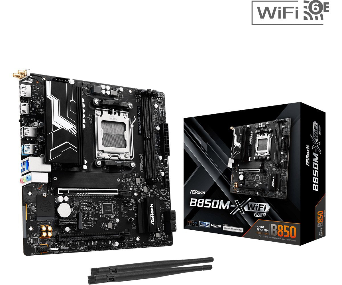 ASRock B850M-X WIFI R2.0 AMD Socket AM5 Ryzen 9000, 8000 and 7000 Series Processors AMD B850 DDR5 PCIe 5.0, Wi-Fi 6E, 2.5G LAN, M.2 SATA3 USB 3.2 Micro ATX Motherboard | SKU MB-B85MXW2