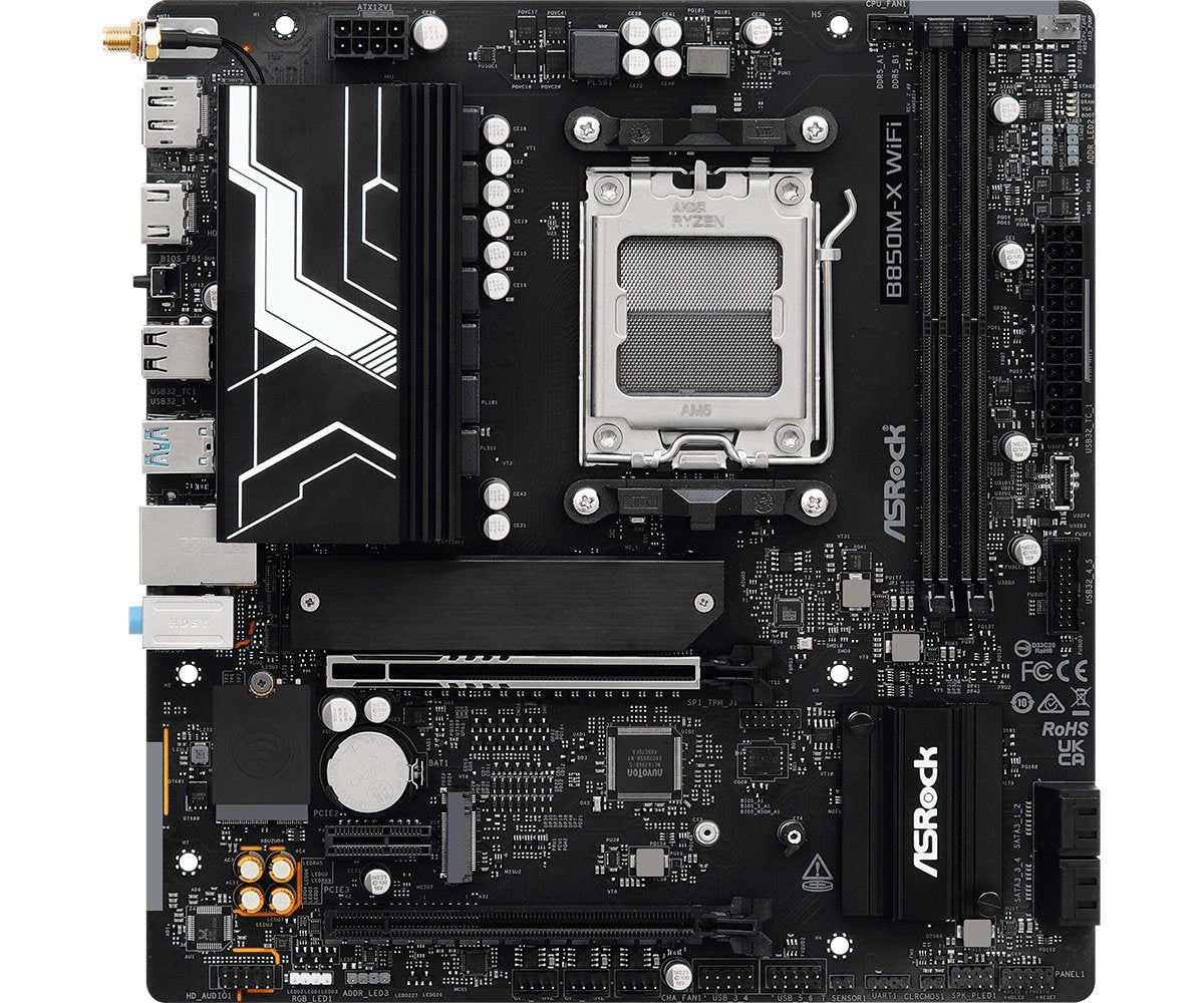 ASRock B850M-X WIFI R2.0 AMD Socket AM5 Ryzen 9000, 8000 and 7000 Series Processors AMD B850 DDR5 PCIe 5.0, Wi-Fi 6E, 2.5G LAN, M.2 SATA3 USB 3.2 Micro ATX Motherboard | SKU MB-B85MXW2
