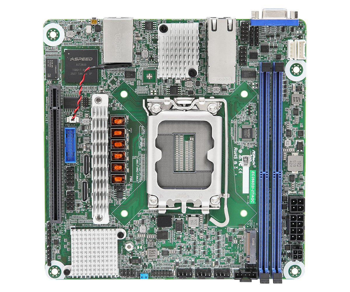 ASRock Rack EC266D2I-2T/AQC Mini-ITX Server Motherboard, Intel Xeon 6300-series, Xeon E-2400 series, and Pentium Gold G7400/G7400T processors PCIe5.0 x16 | SKU MB-E326AQC