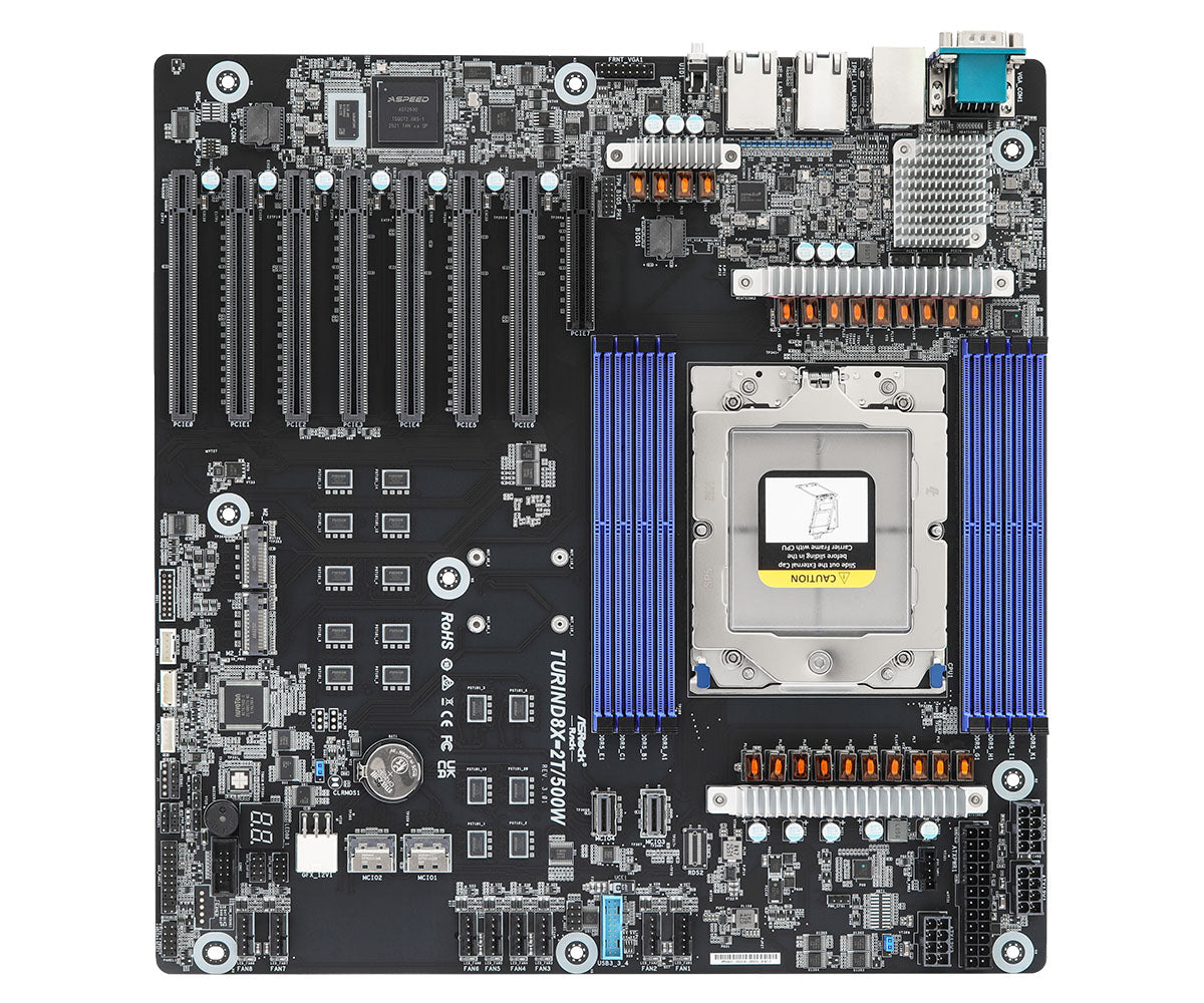 ASRock Rack TURIND8X-2T/500W Single Socket SP5 (LGA 6096) Supports AMD EPYC 9005/9004 (with AMD 3D V-Cache Technology) and 97x4 series processors DDR5 SATA 6Gb/s M.2 Motherboard | SKU MB-TUR235W