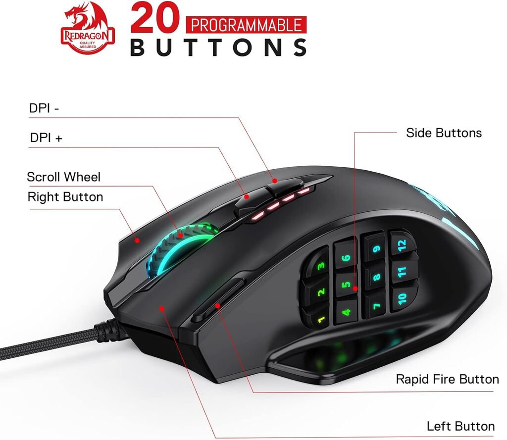 Redragon M908 IMPACT MMO Gaming Mouse up to 12,400 DPI High Precision Mouse for PC, 18 Programmable Buttons, Weight Tuning Cartridge, 12 Side Buttons, 5 programmable user profiles, 16.8 Million Customizing LED Color Option | SKU MOS-M908