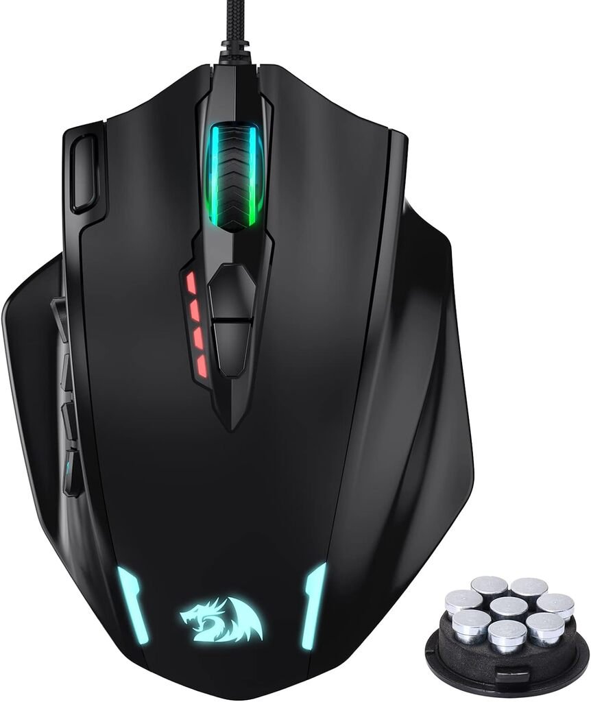 Redragon M908 IMPACT MMO Gaming Mouse up to 12,400 DPI High Precision Mouse for PC, 18 Programmable Buttons, Weight Tuning Cartridge, 12 Side Buttons, 5 programmable user profiles, 16.8 Million Customizing LED Color Option | SKU MOS-M908