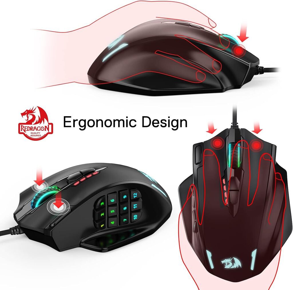 Redragon M908 IMPACT MMO Gaming Mouse up to 12,400 DPI High Precision Mouse for PC, 18 Programmable Buttons, Weight Tuning Cartridge, 12 Side Buttons, 5 programmable user profiles, 16.8 Million Customizing LED Color Option | SKU MOS-M908