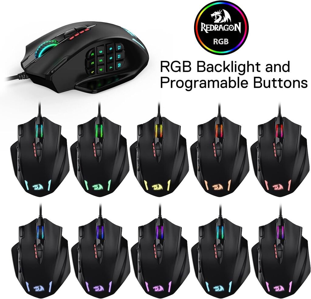 Redragon M908 IMPACT MMO Gaming Mouse up to 12,400 DPI High Precision Mouse for PC, 18 Programmable Buttons, Weight Tuning Cartridge, 12 Side Buttons, 5 programmable user profiles, 16.8 Million Customizing LED Color Option | SKU MOS-M908
